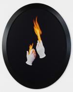 Two white-gloved hands floating in space with fire erupting from the fingers. 