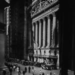 Black and white photo of the New York stock exchange.