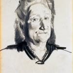 Drawing of an elderly woman with glasses and shoulder-length hair.