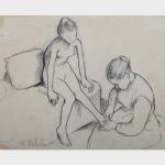 Drawing of girl getting pedicure from another woman.