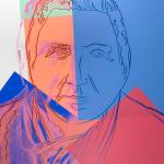 Line portrait of Gertrude Stein with blocks of blue, red, green.